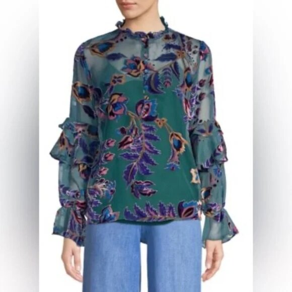 PATBO Colorful Floral Burnout Velvet Sheer Long Sleeve Ruffle Blouse Size Large - Picture 1 of 7